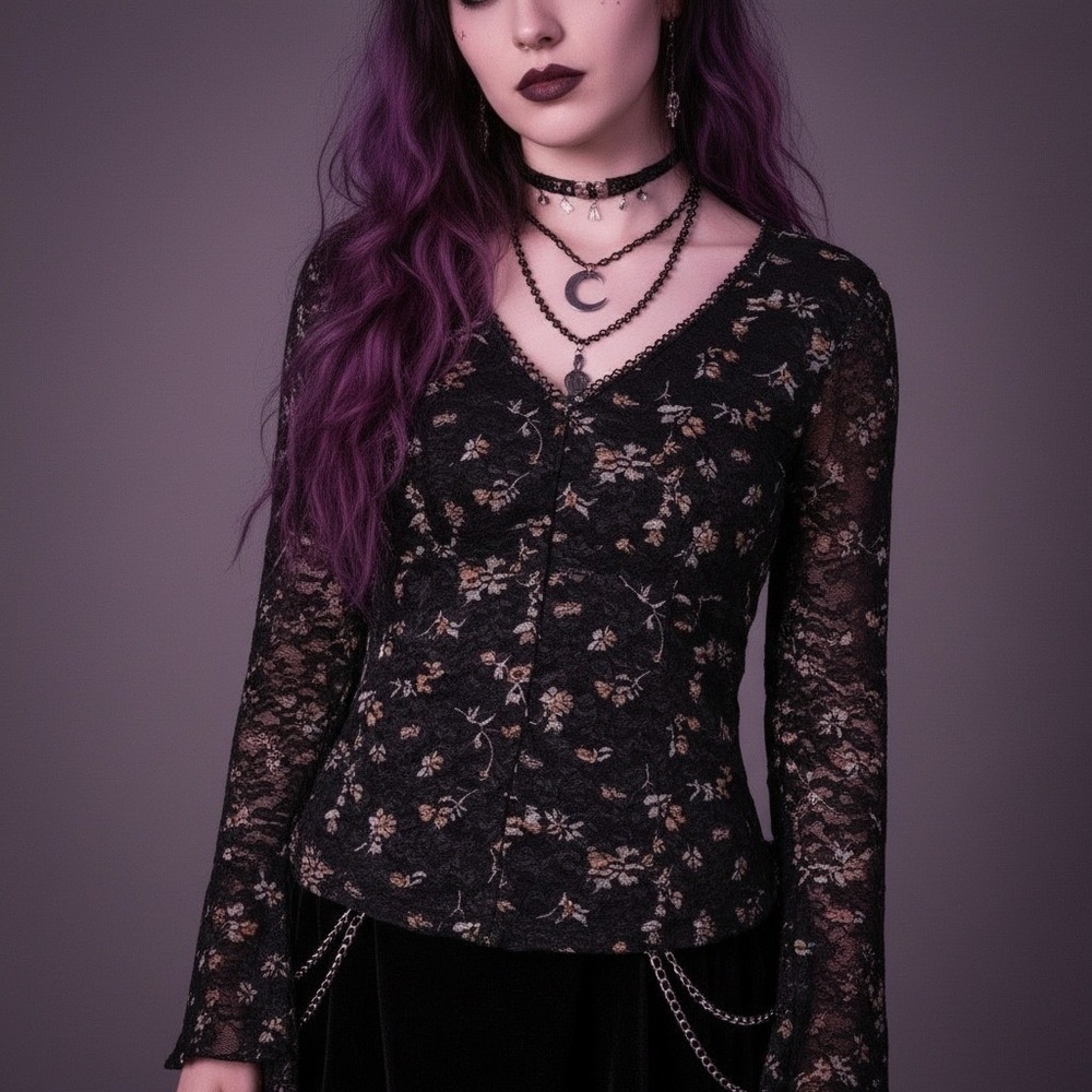 Charlotte Russe Lg Black Floral Lace Bell Sleeve Babydoll Whimsigoth Dark Fairy